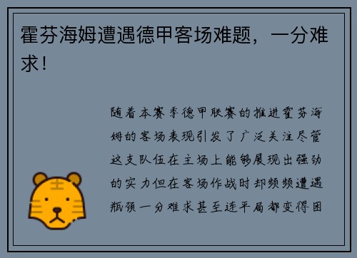 霍芬海姆遭遇德甲客场难题，一分难求！