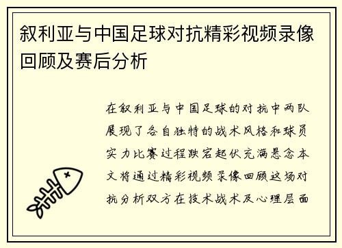 叙利亚与中国足球对抗精彩视频录像回顾及赛后分析